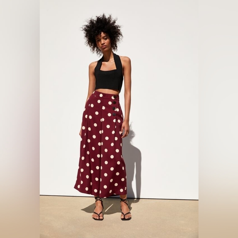 Zara Burgundy Wide-Leg Polka Dot Jumpsuit Pants with Cream Dots